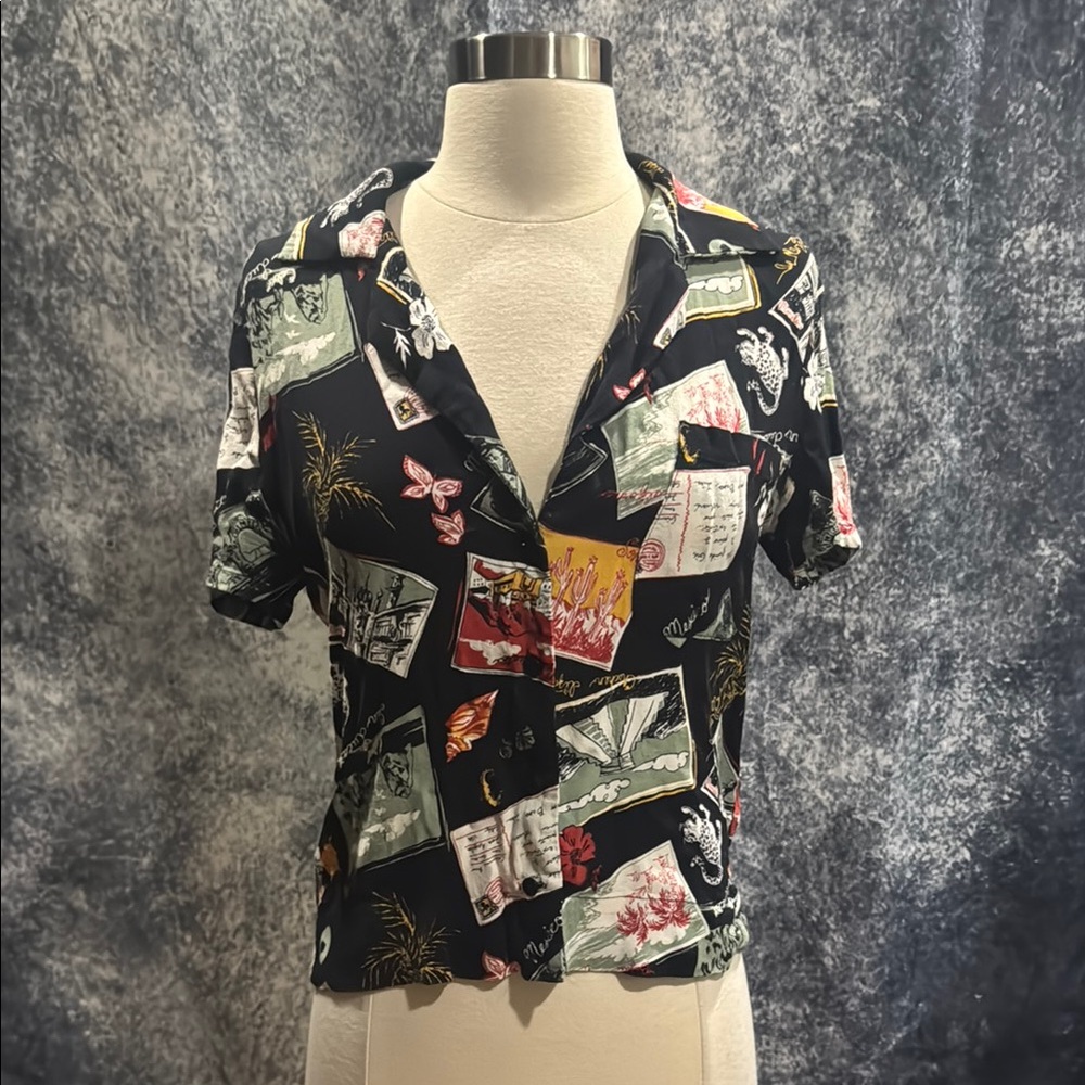Reformation Black and Cream Graphic Button Down Shirt